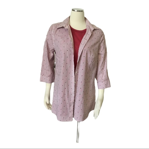 Chico’s Classic Red Striped High Low No Iron Tunic with Black Dots Size 1 NWOT - Picture 2 of 8